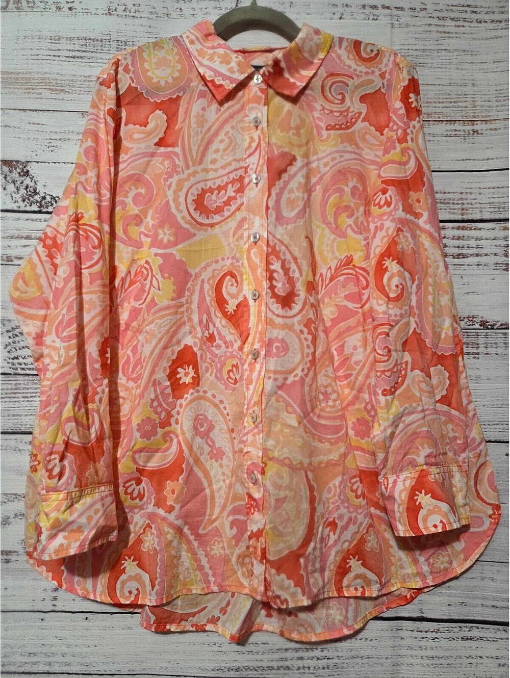 Talbots Plus Size 2X Cotton Button-Up Shirt Pink Orange Paisley Long Sleeve